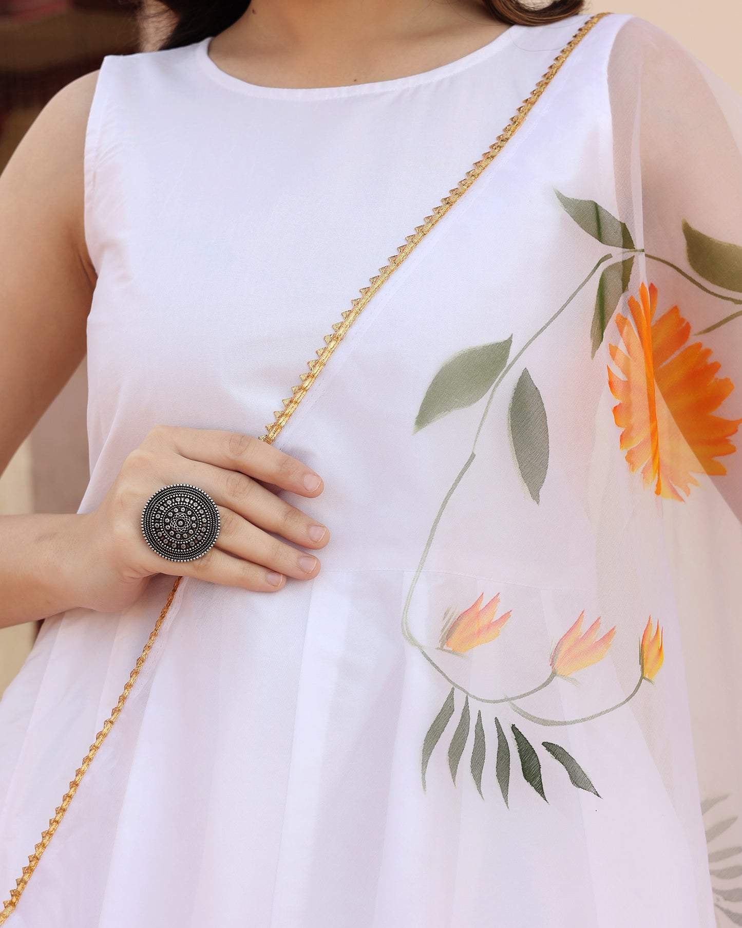 White Hand Painted Anarkali Set