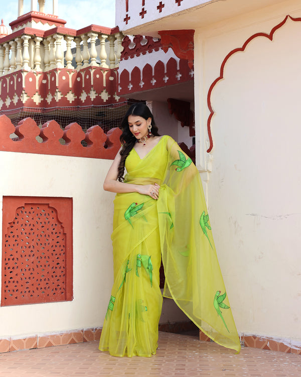 Lime Green Hand Painted Saree