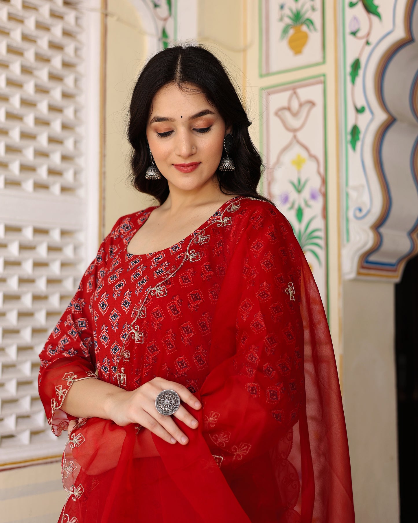 RED COTTON EMBROIDERED SUIT SET