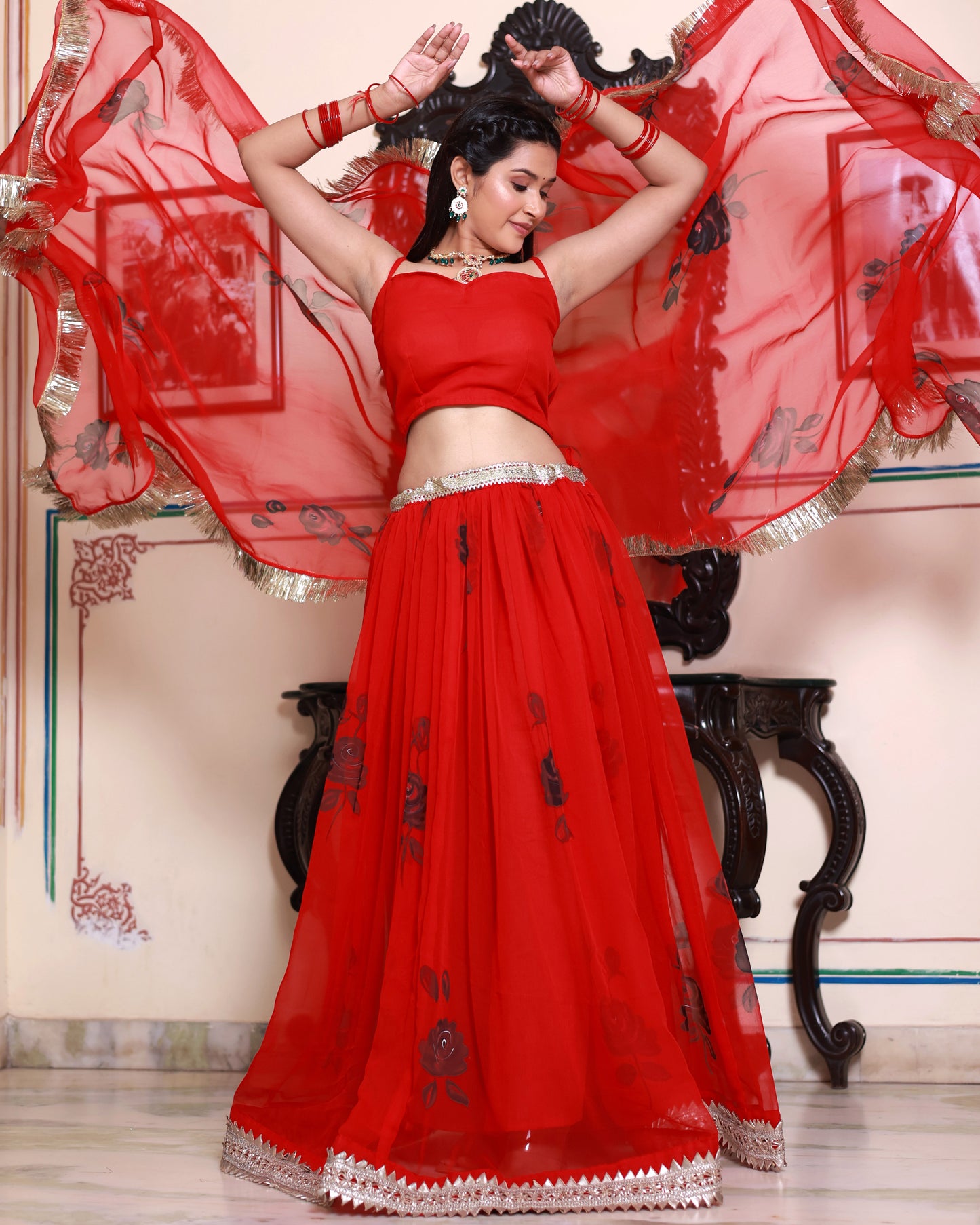 GAYATRI RED HAND PAINTED LEHENGA SET