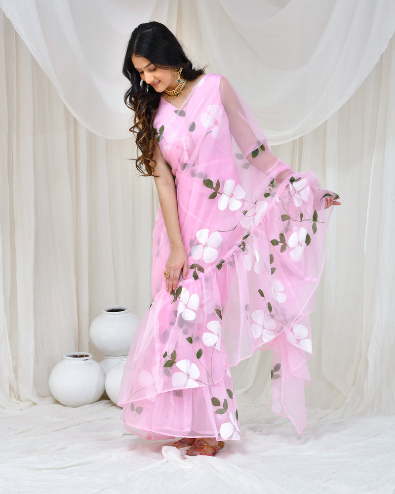 PINK HAND PAINTED GOWN SAREE