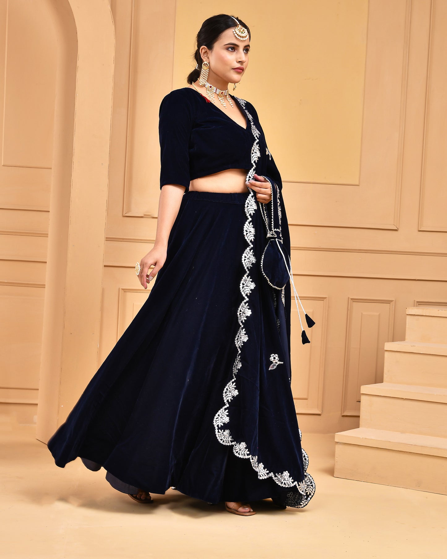 MIDNIGHT BLUE VELVET LEHENGA SET