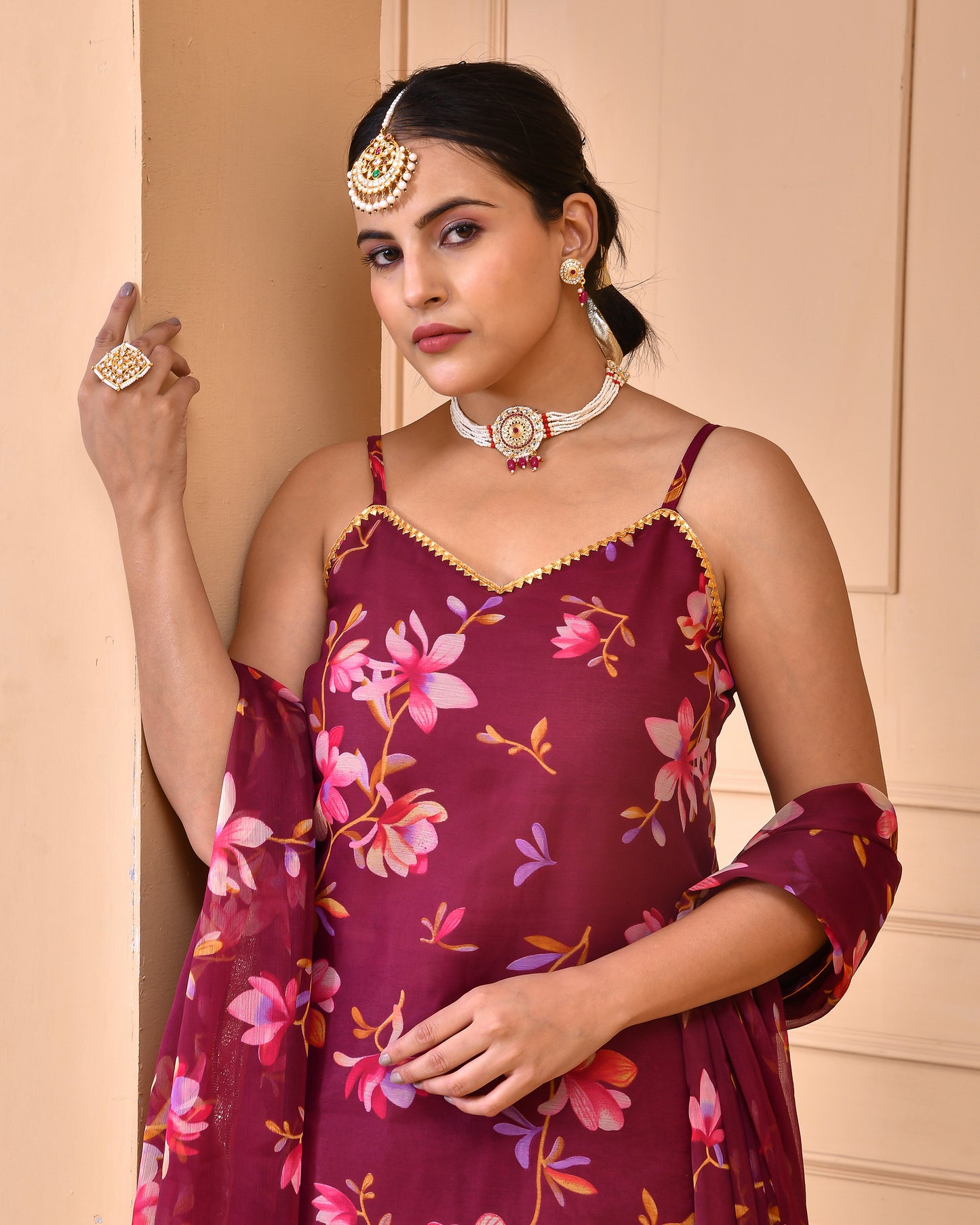 MAUVE PRINTED CHIFFON  SHARARA SET