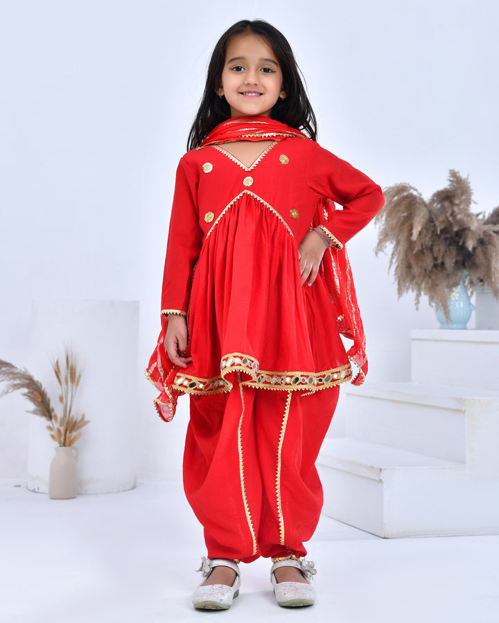 Red Gota Embellished Kurta Dhoti Pant Set