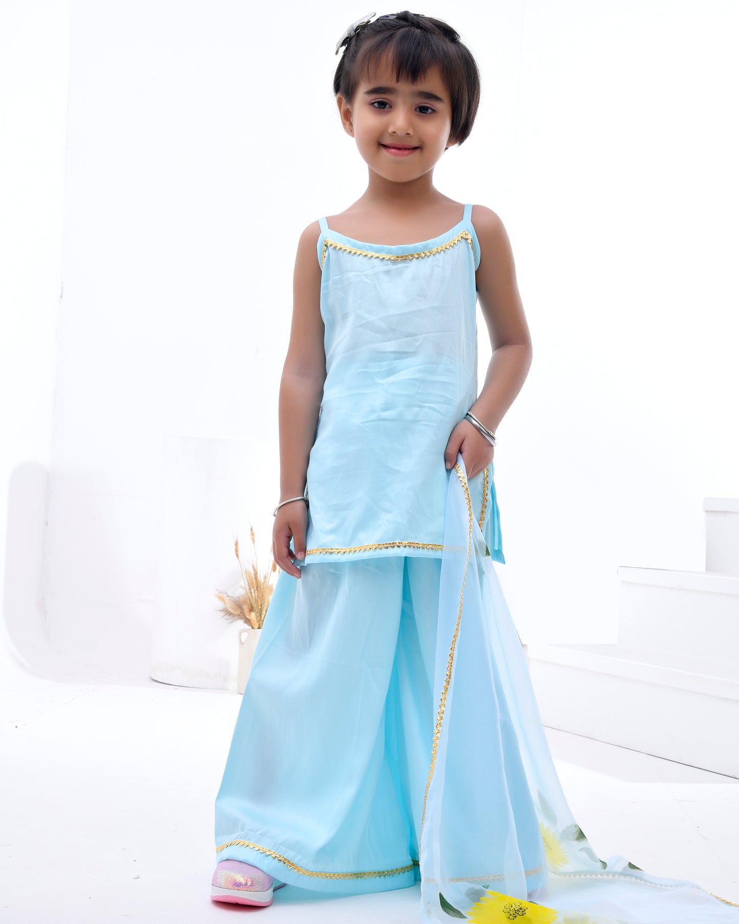 Blue Cotton Silk Hand Painted Blossom Sky Gota Embellished Kurta Set