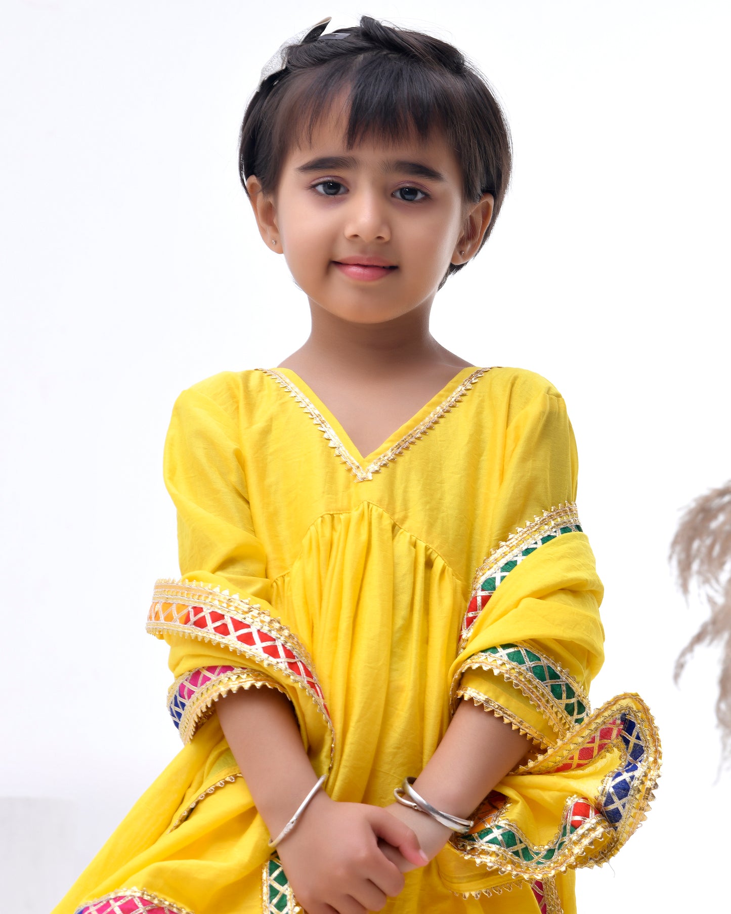 Yellow Chanderi Embellished Gota Lace Kurta Set