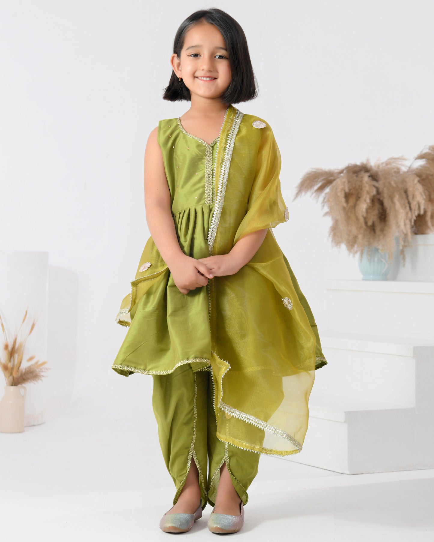 Green Taffeta Silk Embellished Gota Peplum Dhoti Pant Set
