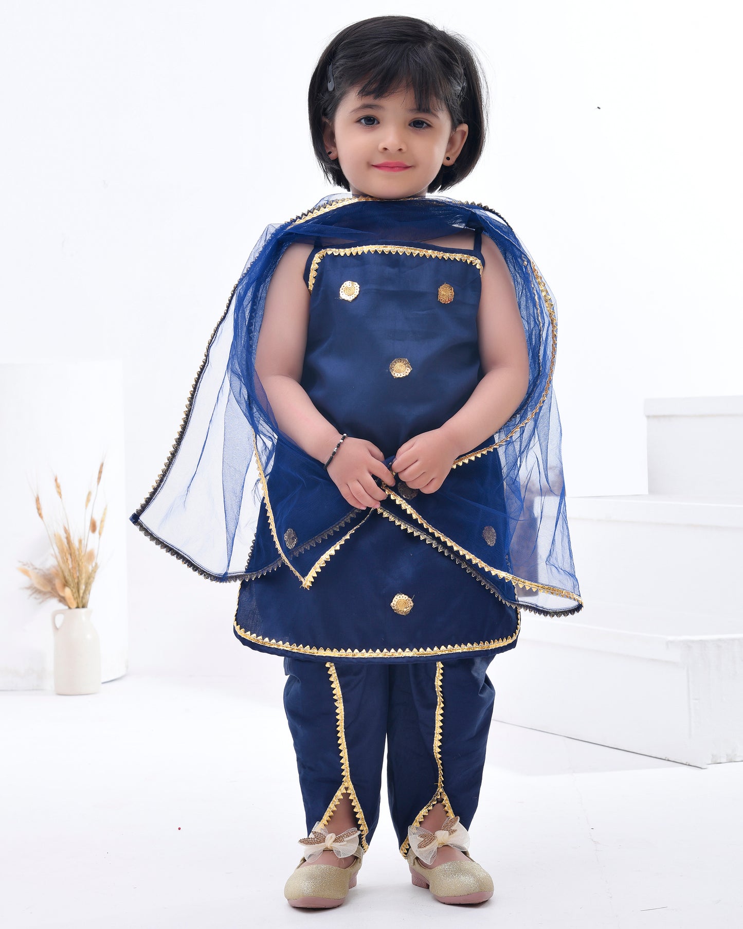 Blue Cotton Silk Embellished Gota Navy And Sequin Kurta Set