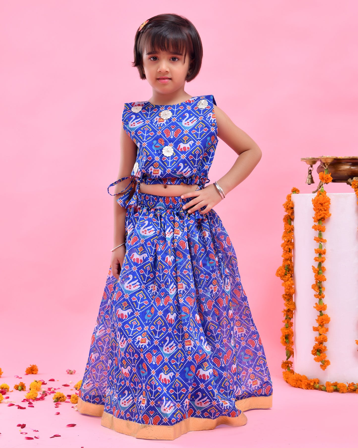 Blue Chanderi Printed Lehenga Set