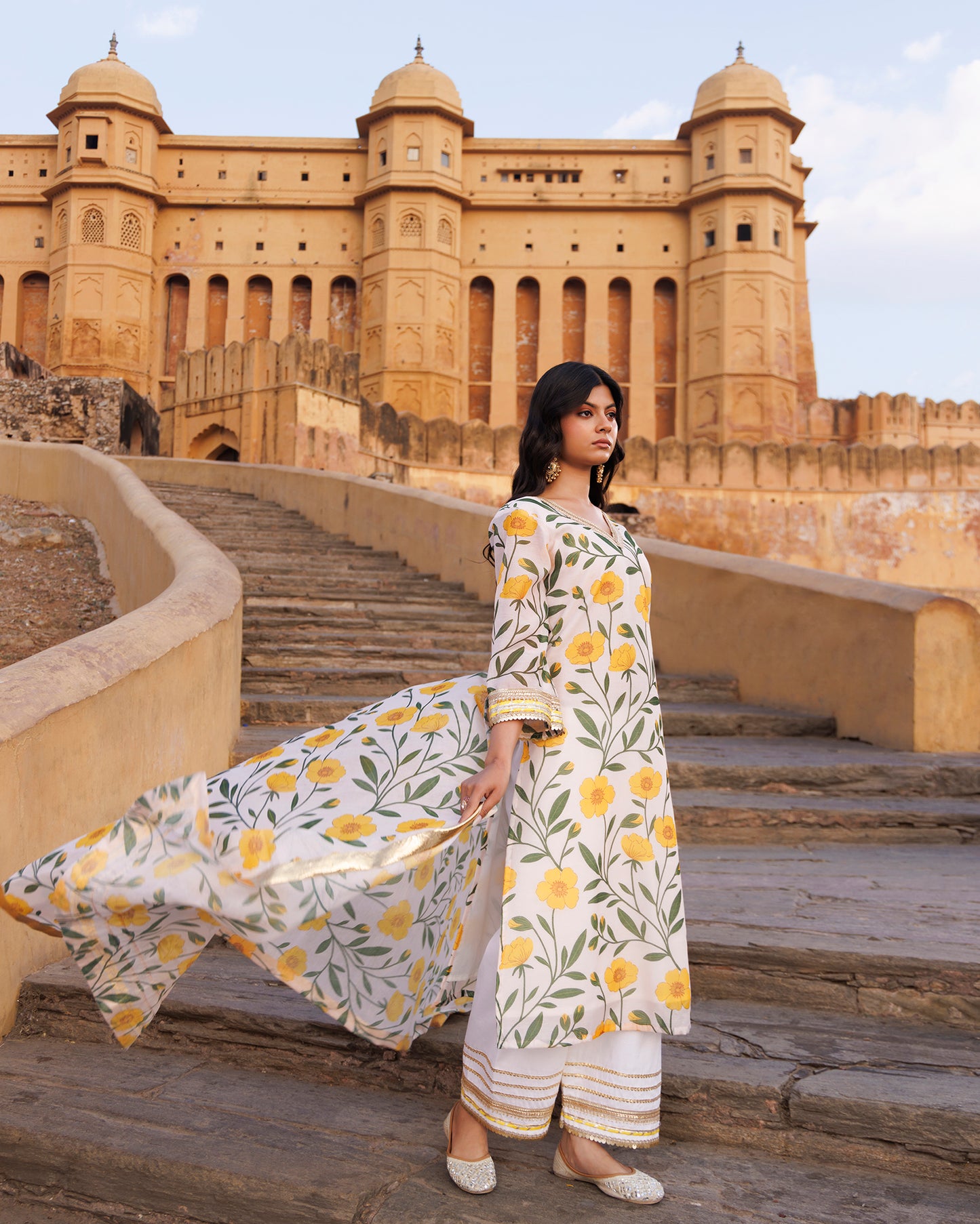 Off-white & Yellow Floral printed Chanderi Kurta Set