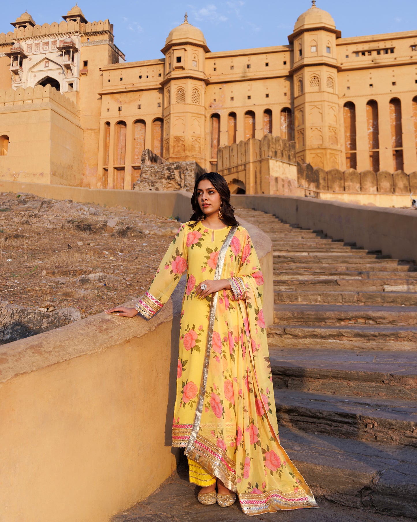 Yellow Floral Printed Chiffon Kurta Set