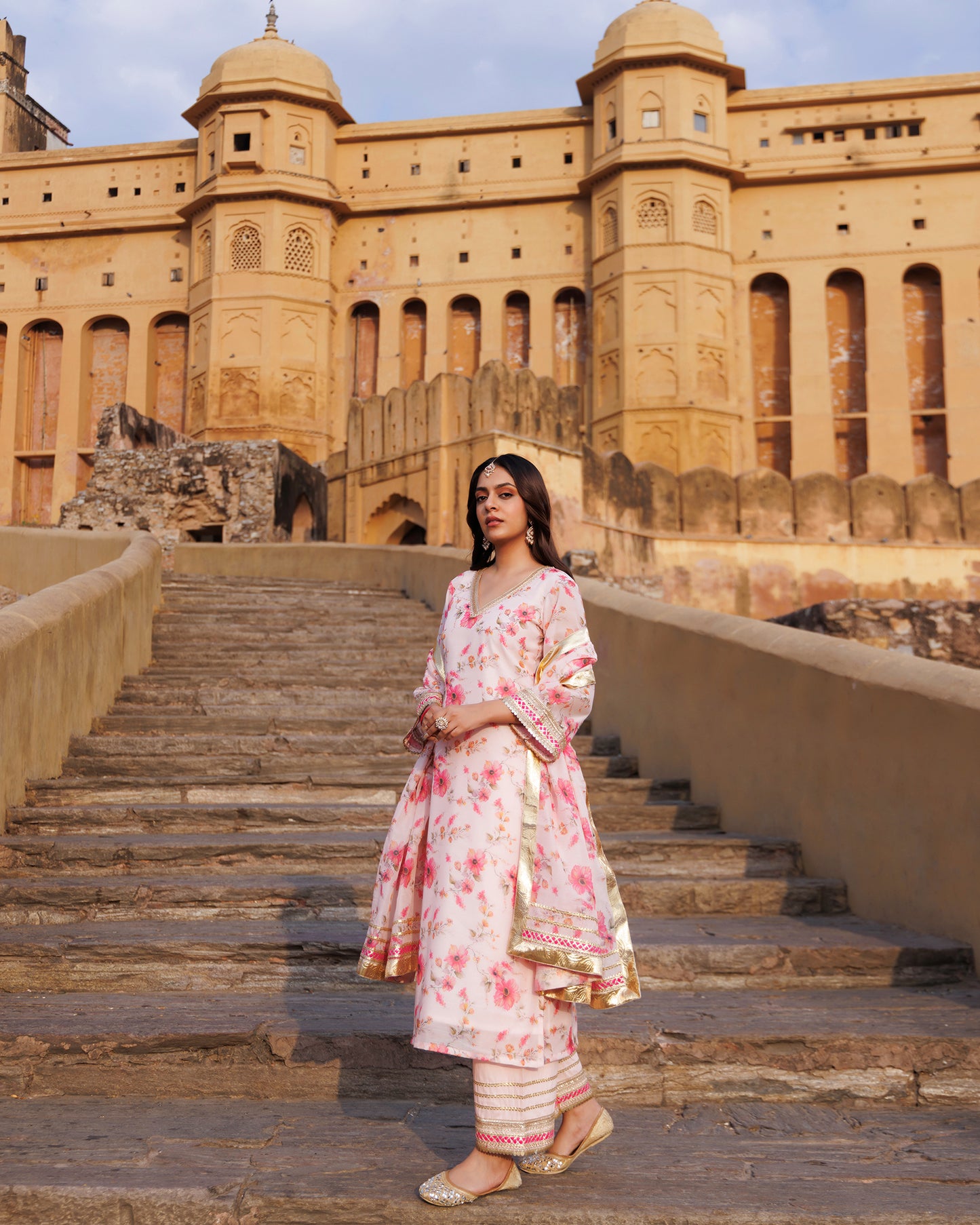 Pink Floral Printed Chanderi Kurta Set