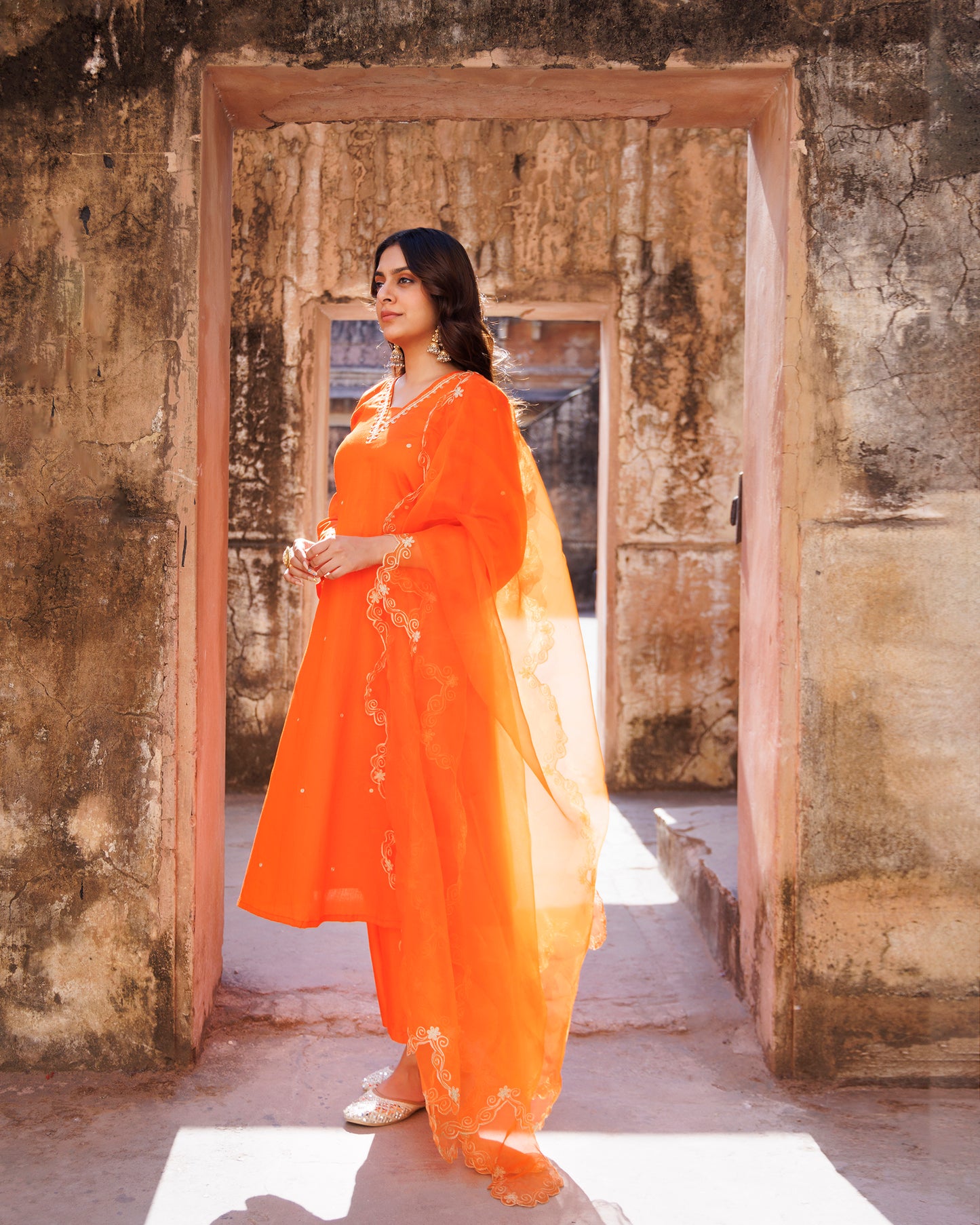 Orange Embroidered Kurta Set