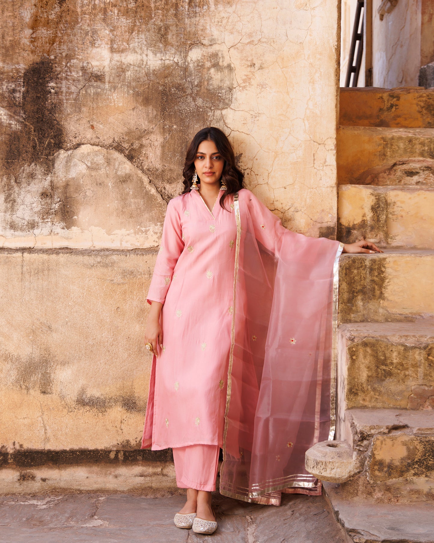 Pink Uppada Silk Aari Embroidered Kurta Set