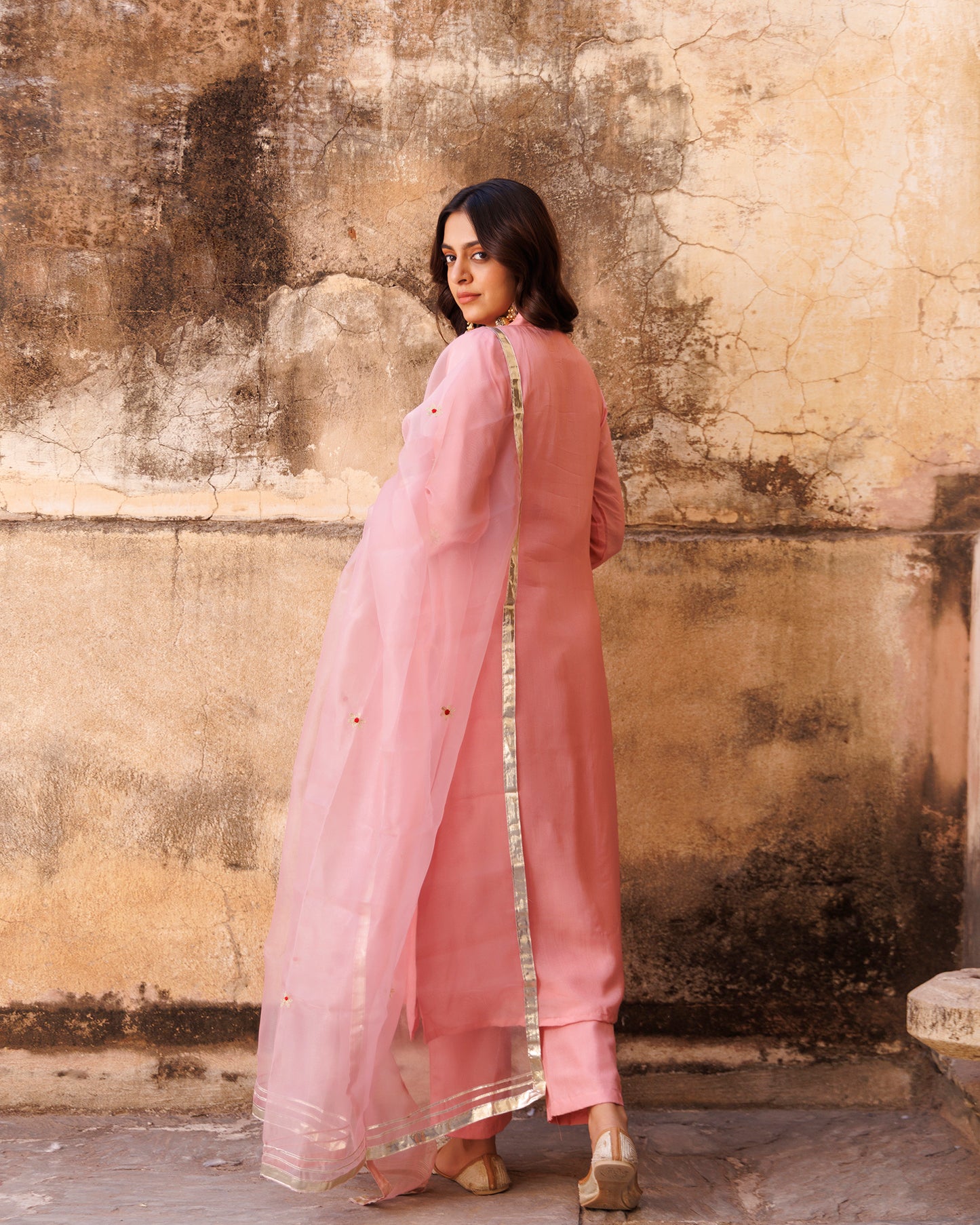 Pink Uppada Silk Aari Embroidered Kurta Set