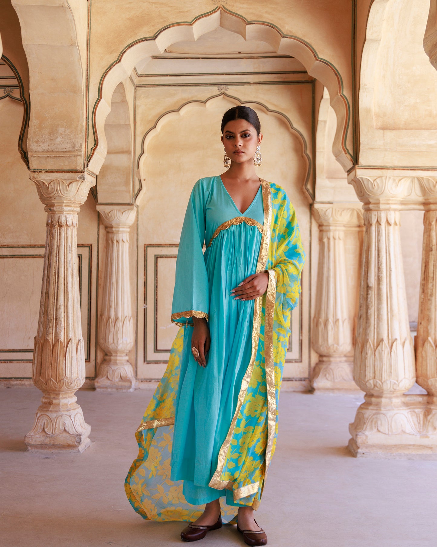 Blue Cotton Anarkali Set With Chiffon Dupatta