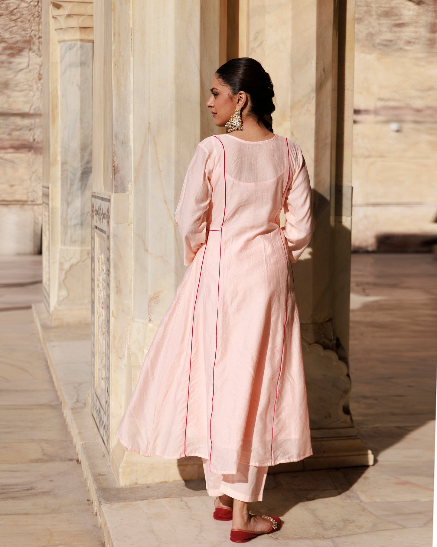 Peach Chanderi Aari Embroidered Anarkali Set