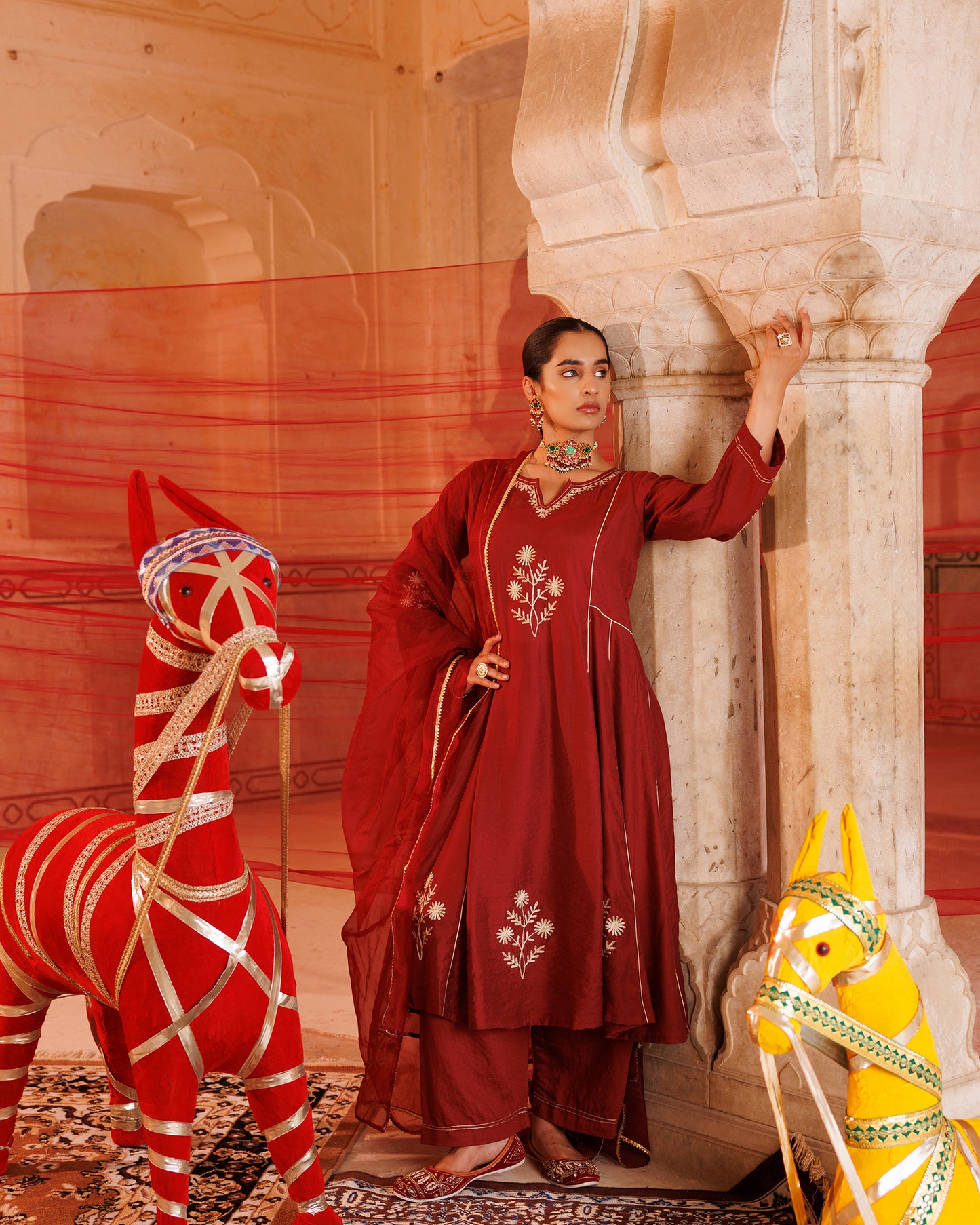 Maroon Chanderi Kurta Set With Embroidered Dupatta.