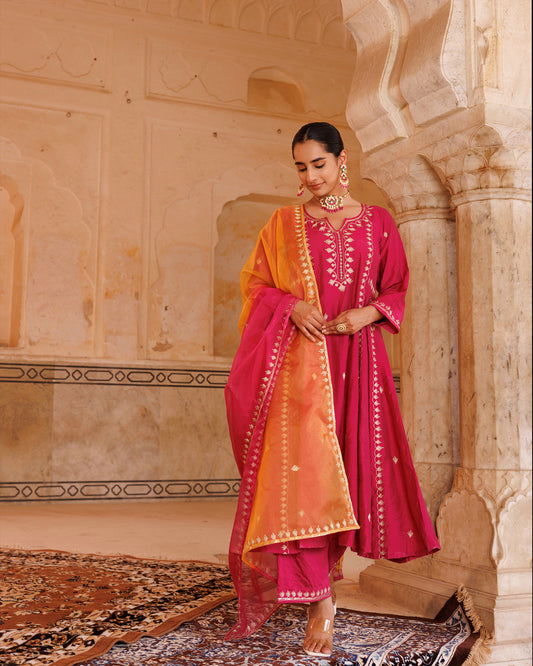 Magenta Chanderi Anarkali Set With Dual-Shaded Dupatta.