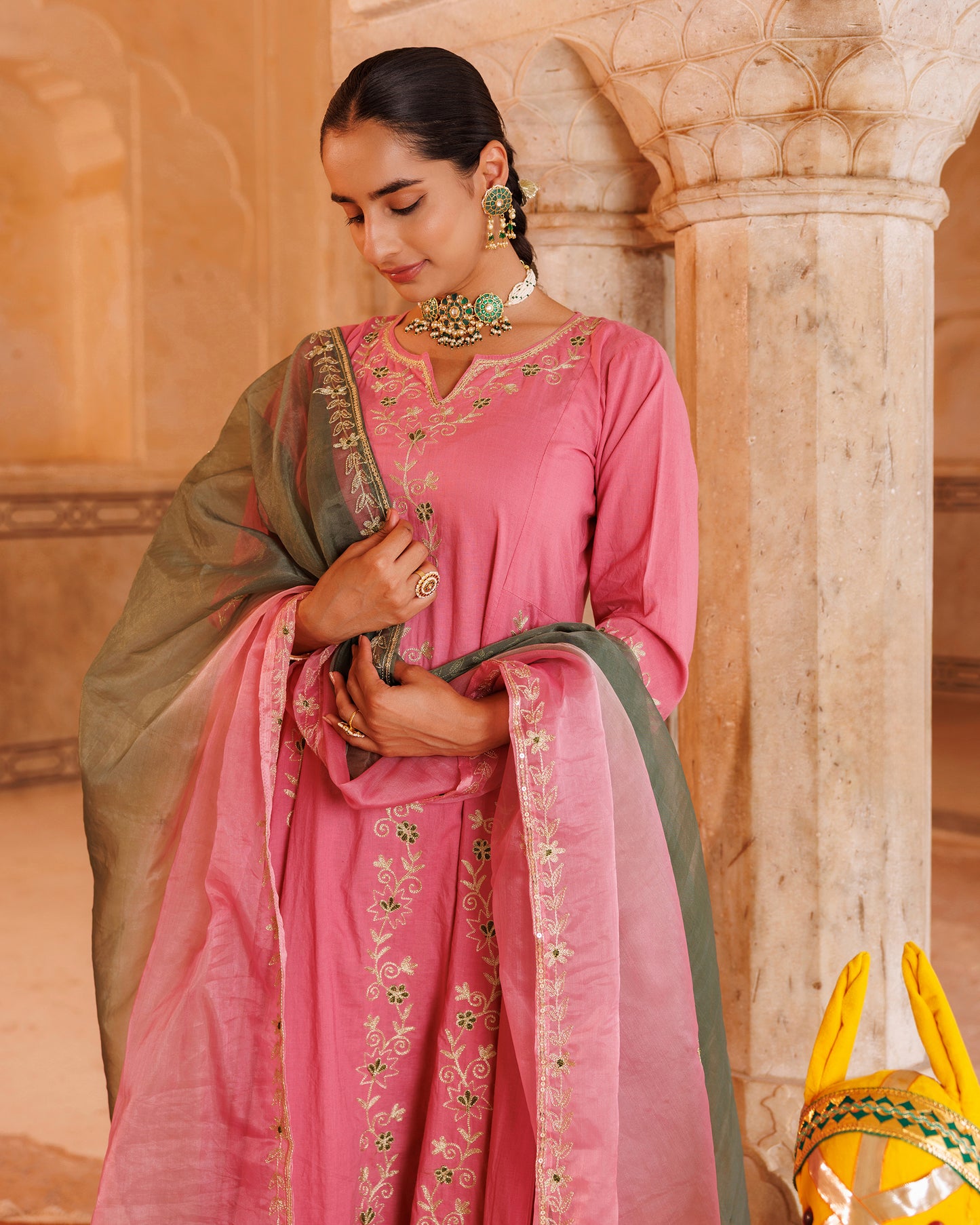 Onion Pink Cotton Anarkali Set With Dual-Shaded Dupatta