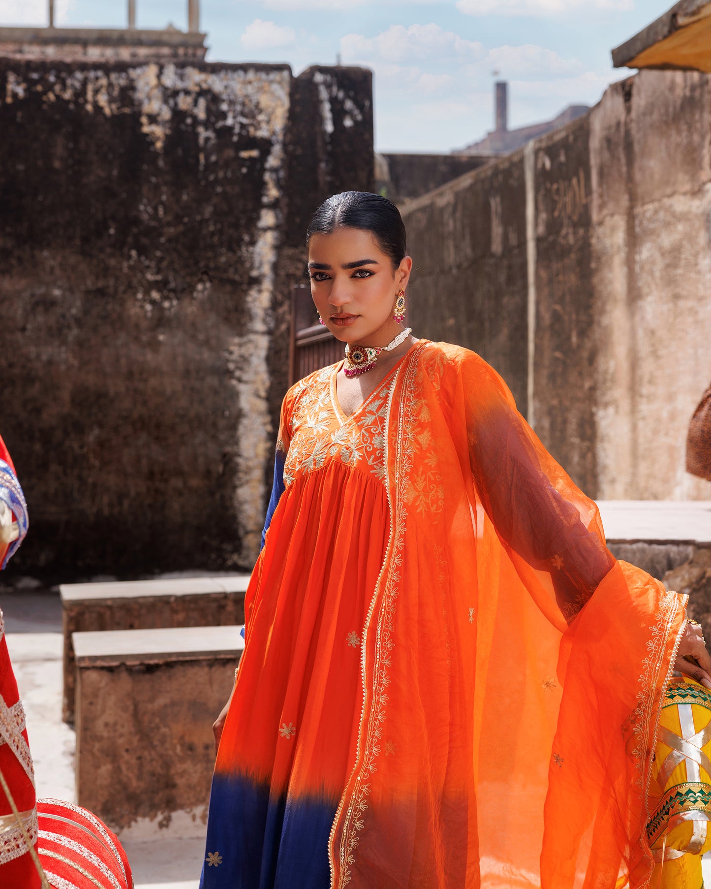 Orange Hand Dyed, Dual-Shaded Chanderi Kurta Set