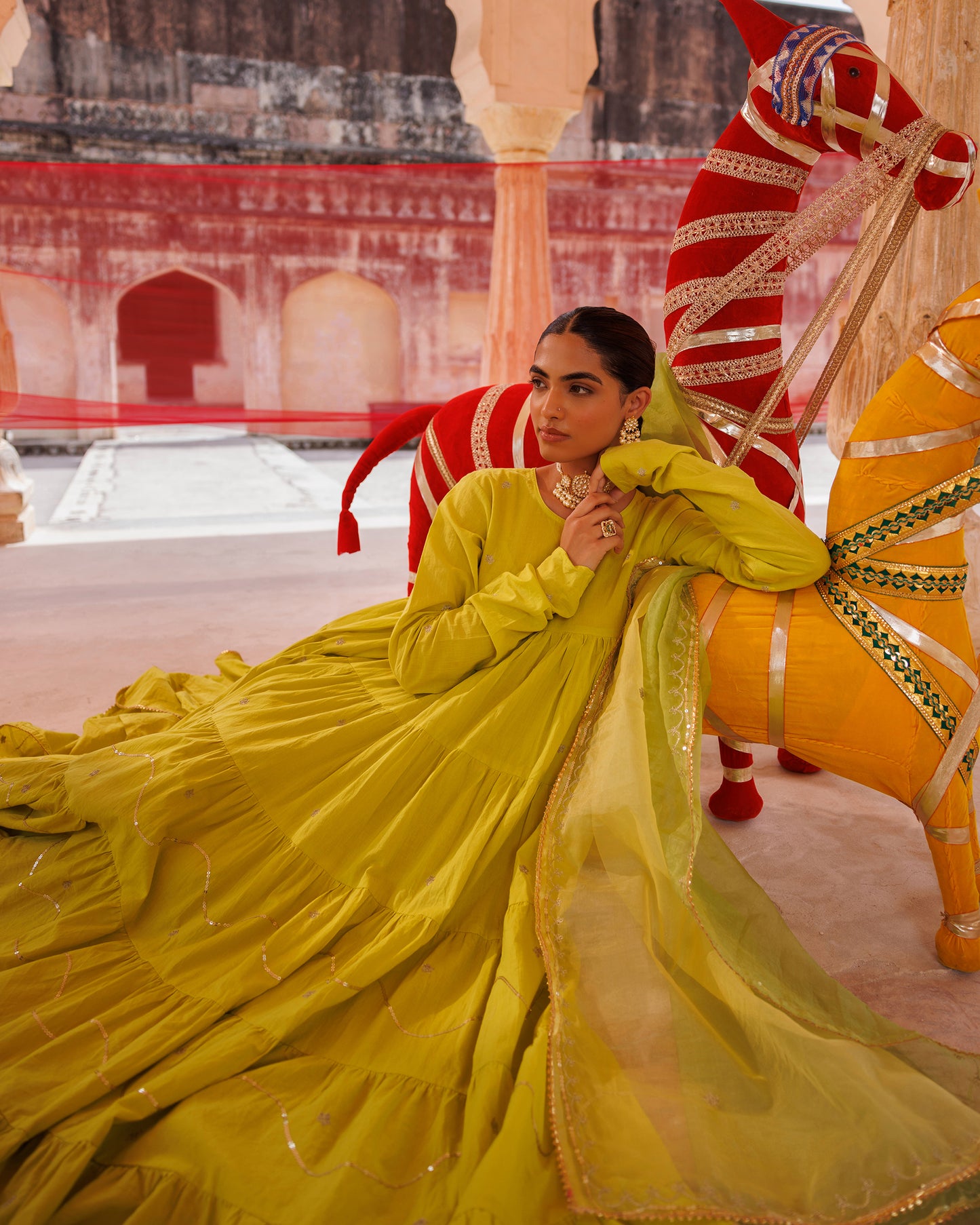 Green, Tiered Anarkali With Aari Taari Embroidery