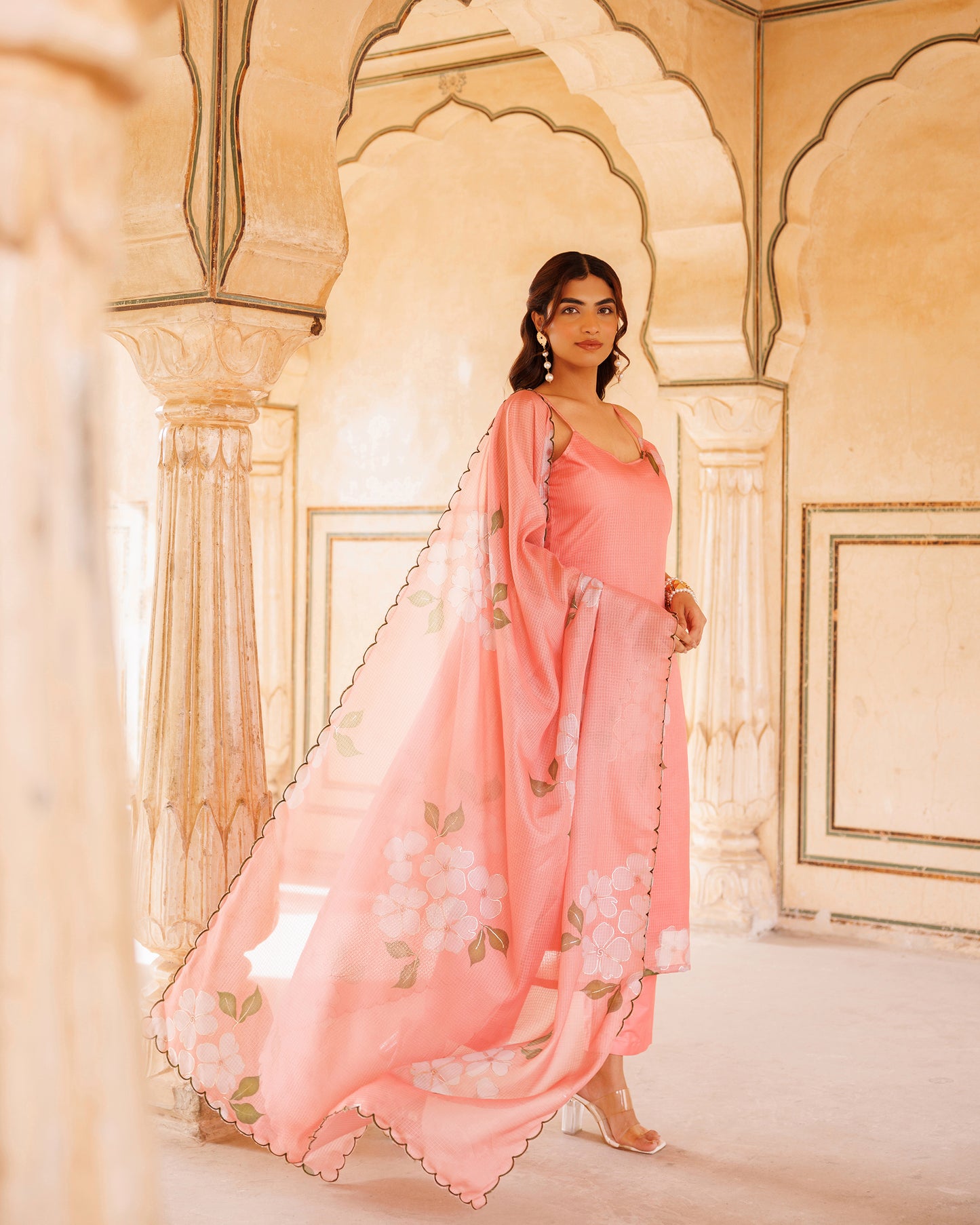 Peach Floral Printed Kota Doriya Strappy Kurta Set