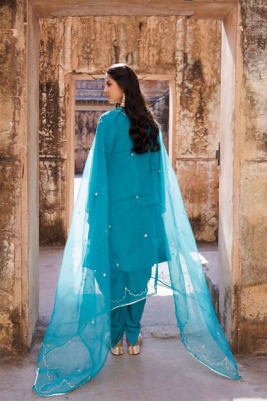 Teal Green Embroidered Dhoti Set
