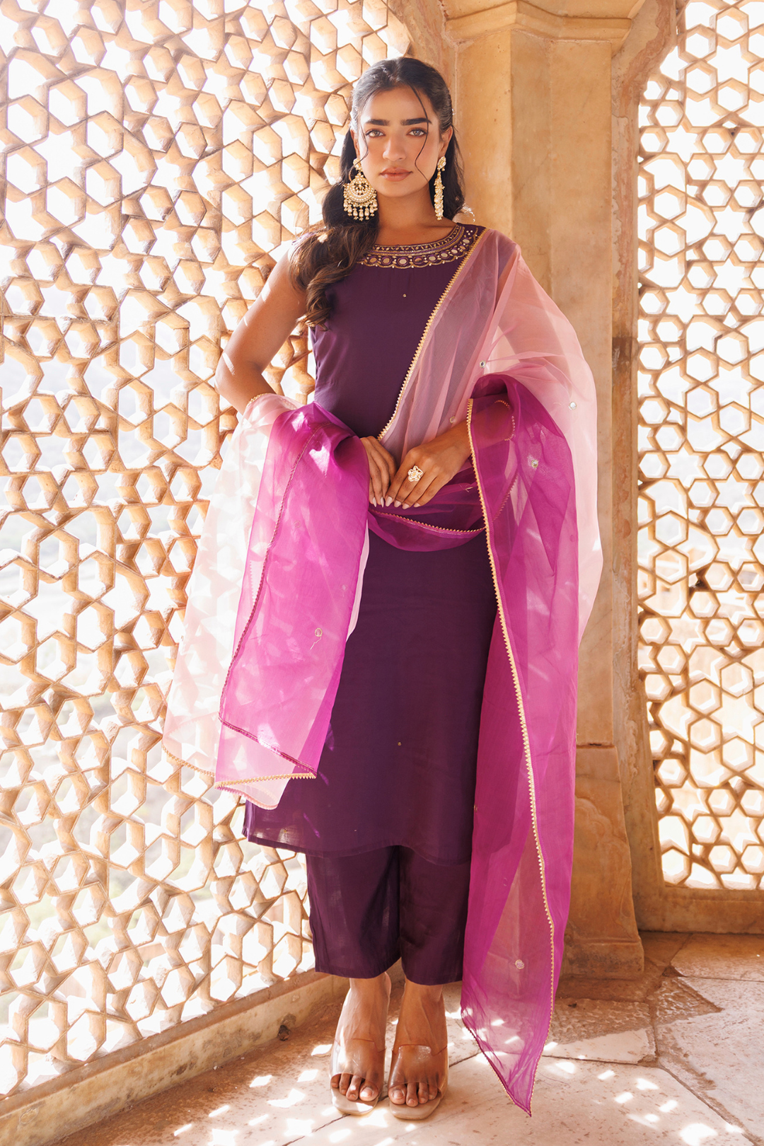 Wine Hand Embroidered Kurta Set With Dual Shaded Dupatta.