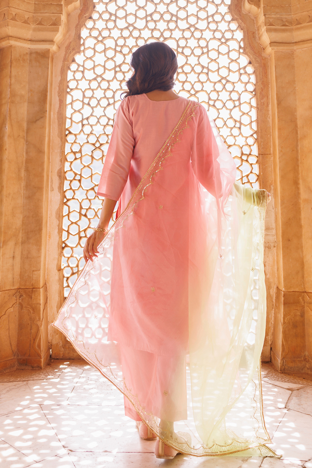 Pink Hand Embroidered Kurta Set With Dual Shaded Dupatta