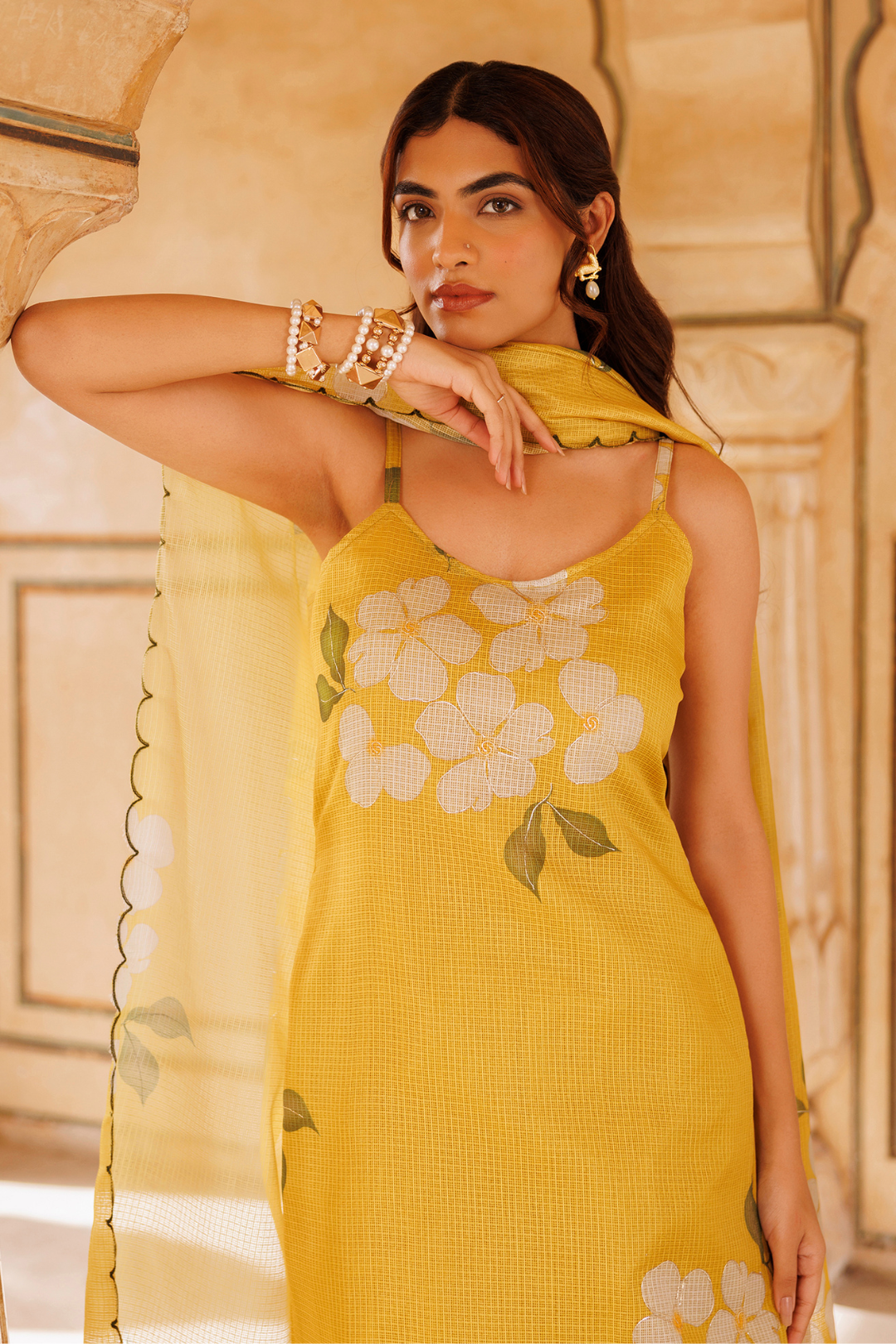 Mustard Floral Printed Kota Doriya Strappy Kurta Set