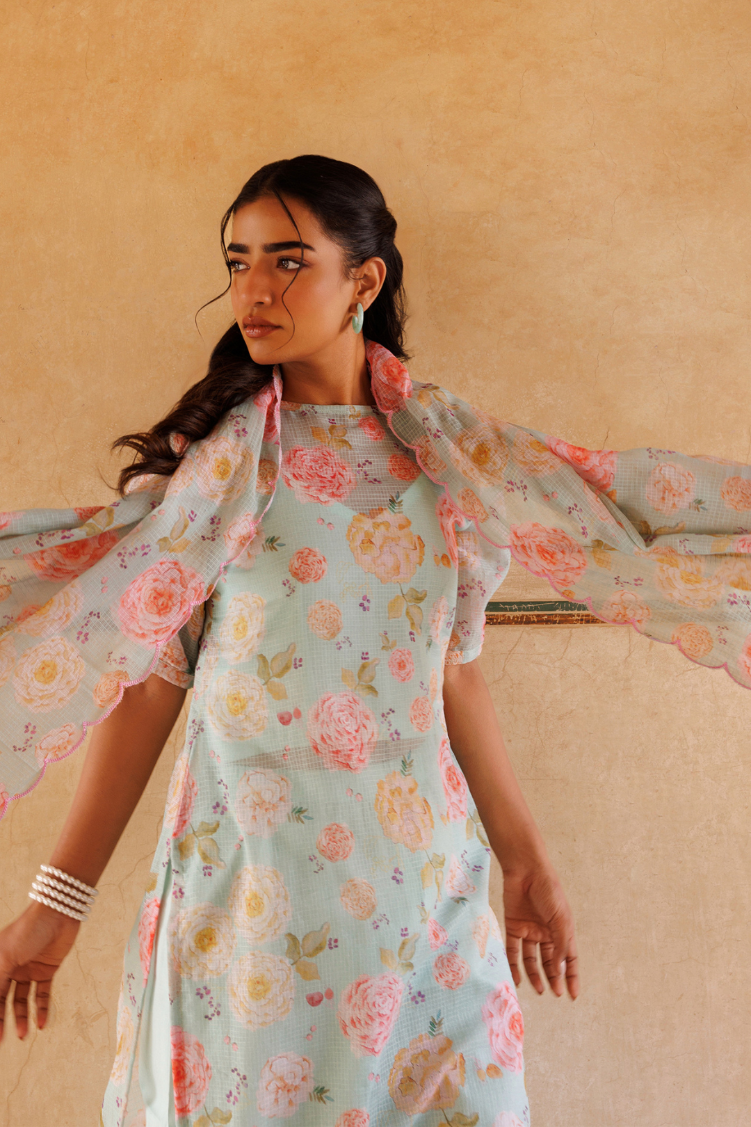 Pastel Green, Floral printed Kota Doriya Kurta Set