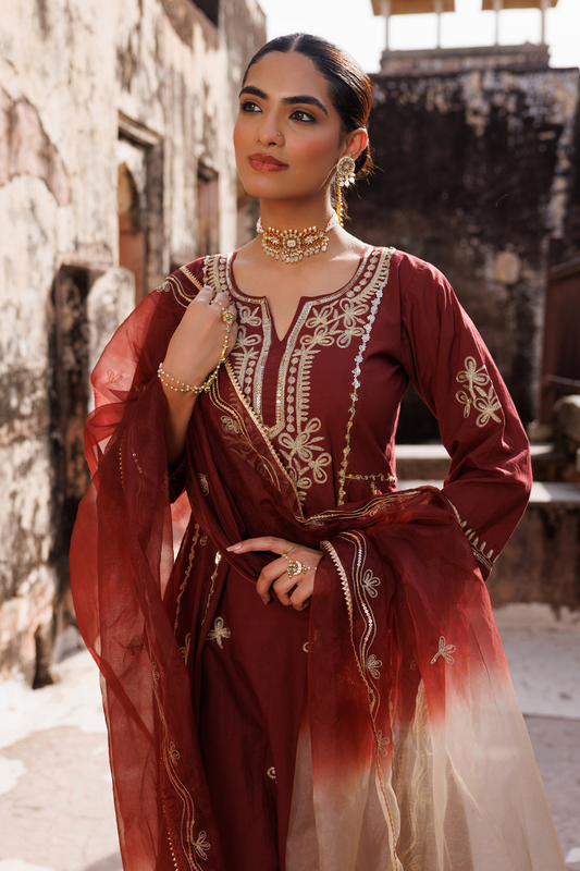 Maroon Cotton Anarkali Set With Dual-Shaded Dupatta
