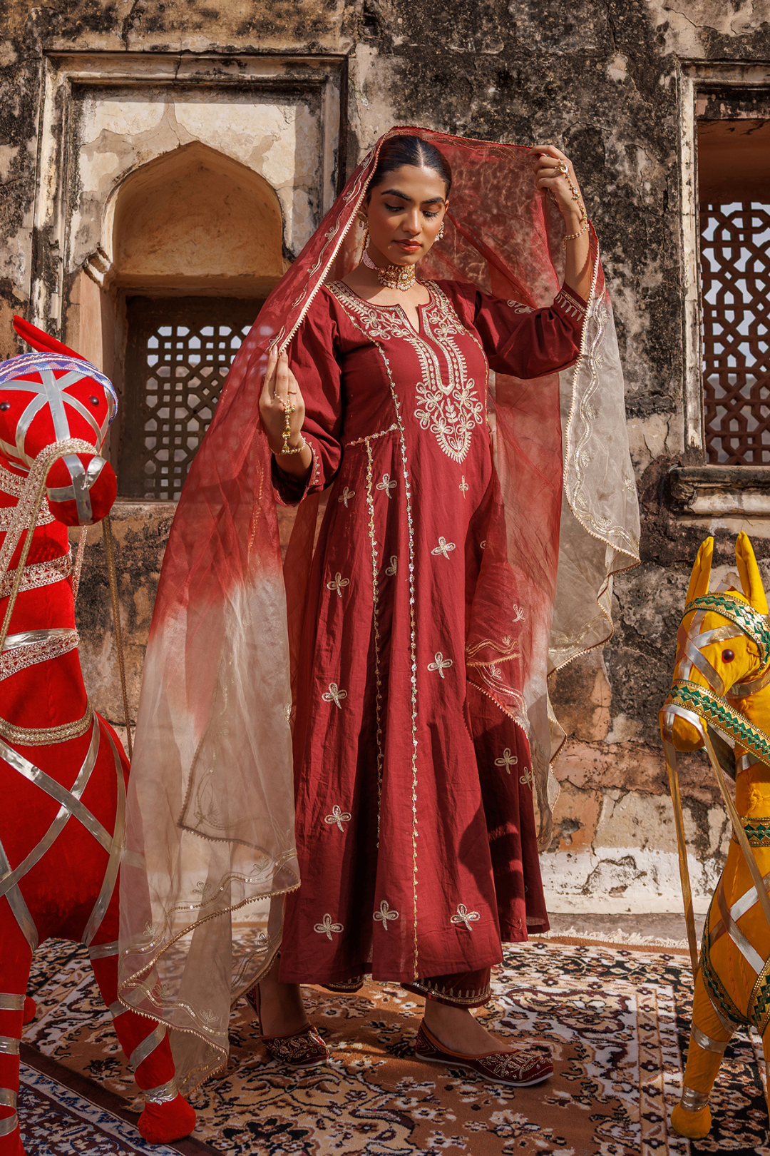 Maroon Cotton Anarkali Set With Dual-Shaded Dupatta