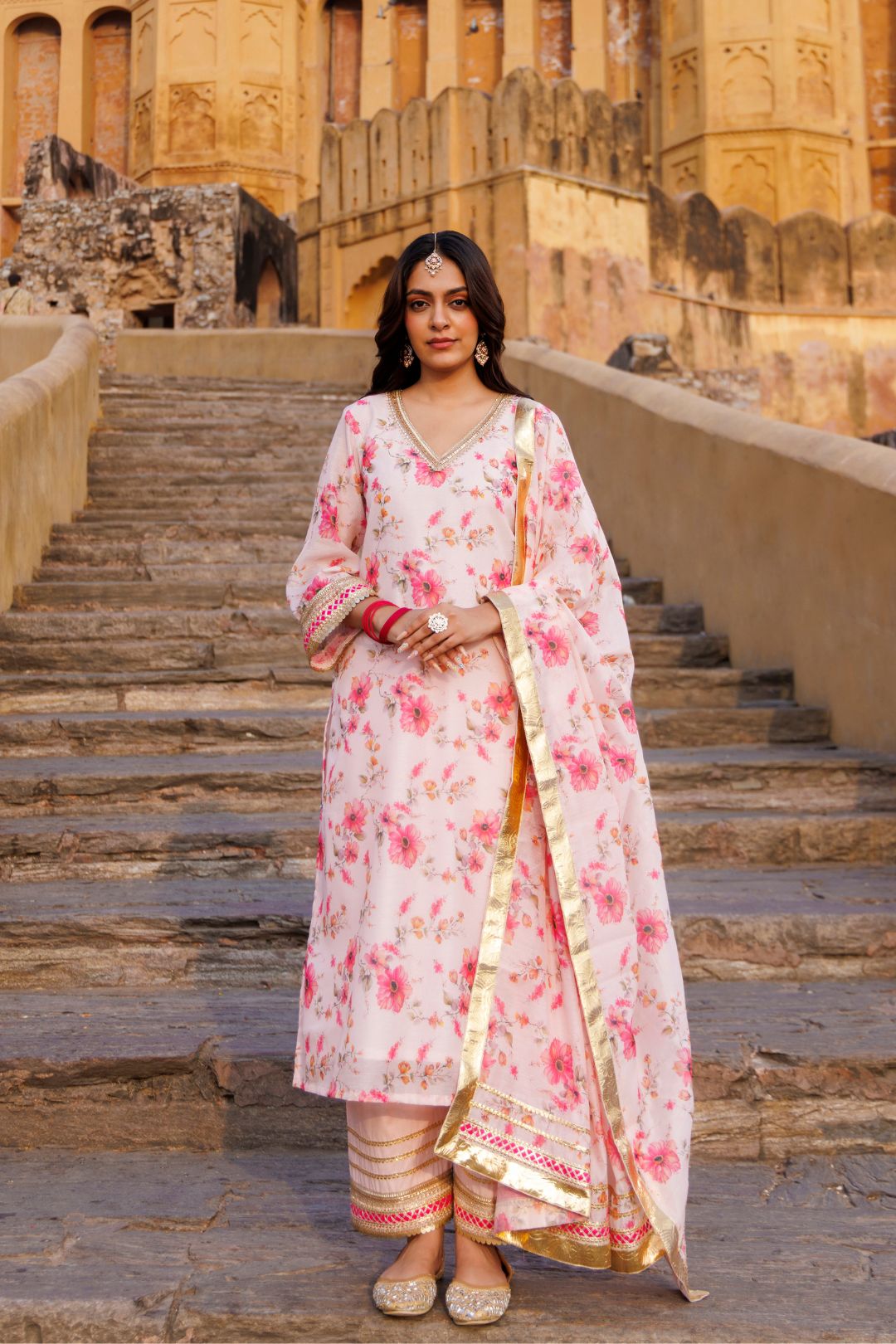 Pink Floral Printed Chanderi Kurta Set
