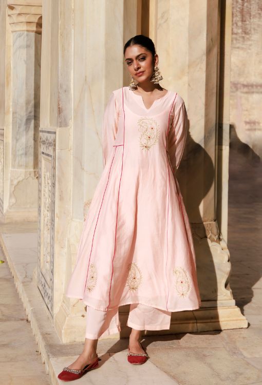 Peach Chanderi Aari Embroidered Anarkali Set