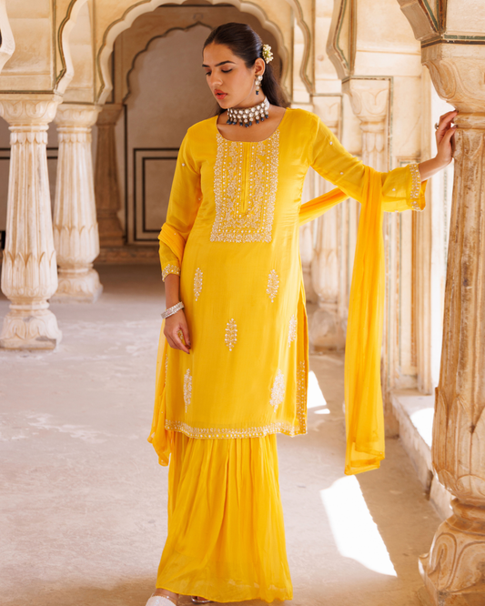Yellow silk, hand-embroidered sharara set