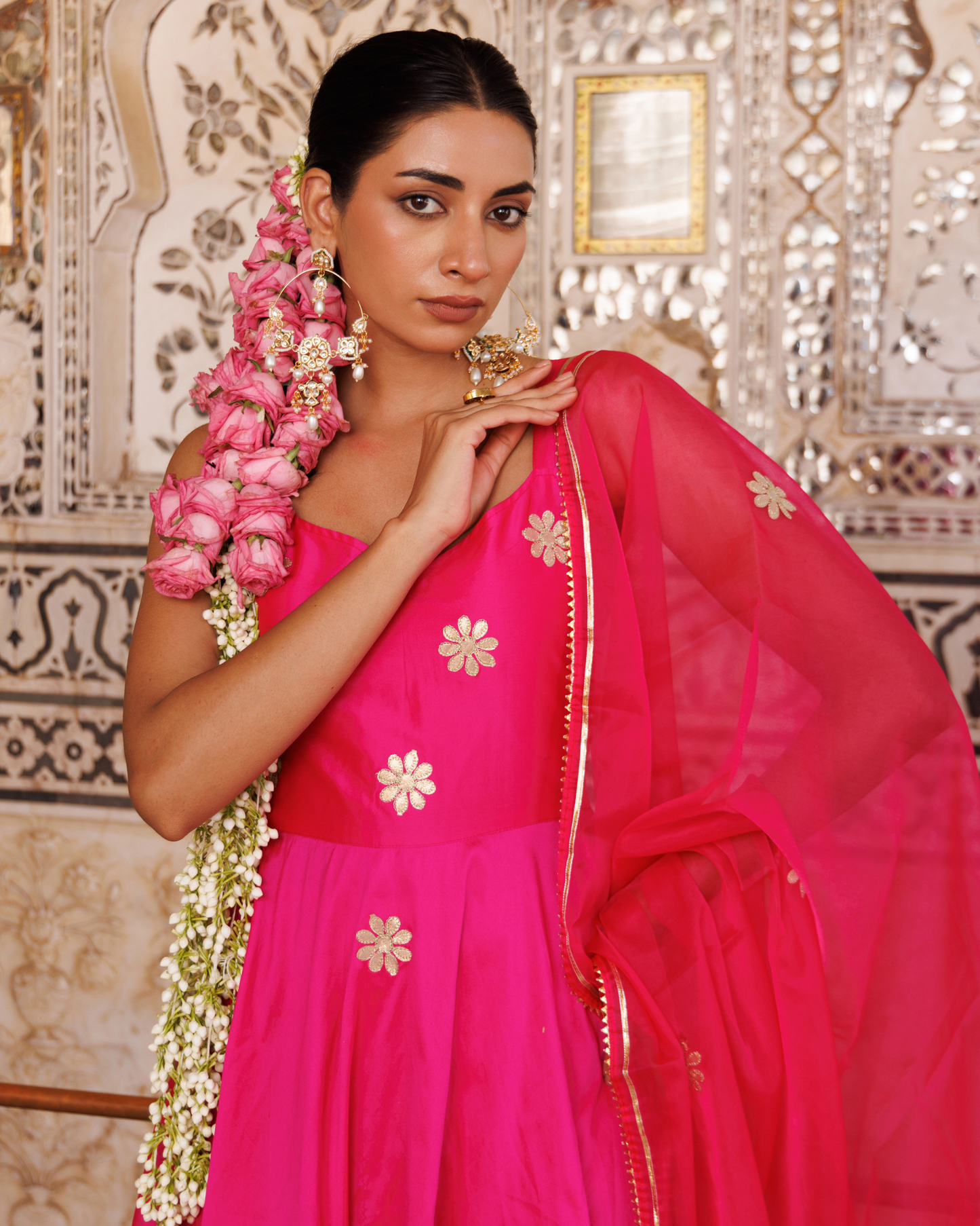 Hot pink taffeta silk, gota patti work anarkali set