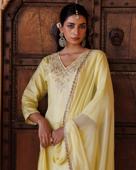 Pastel yellow silk, hand-embroidered Kurta Set