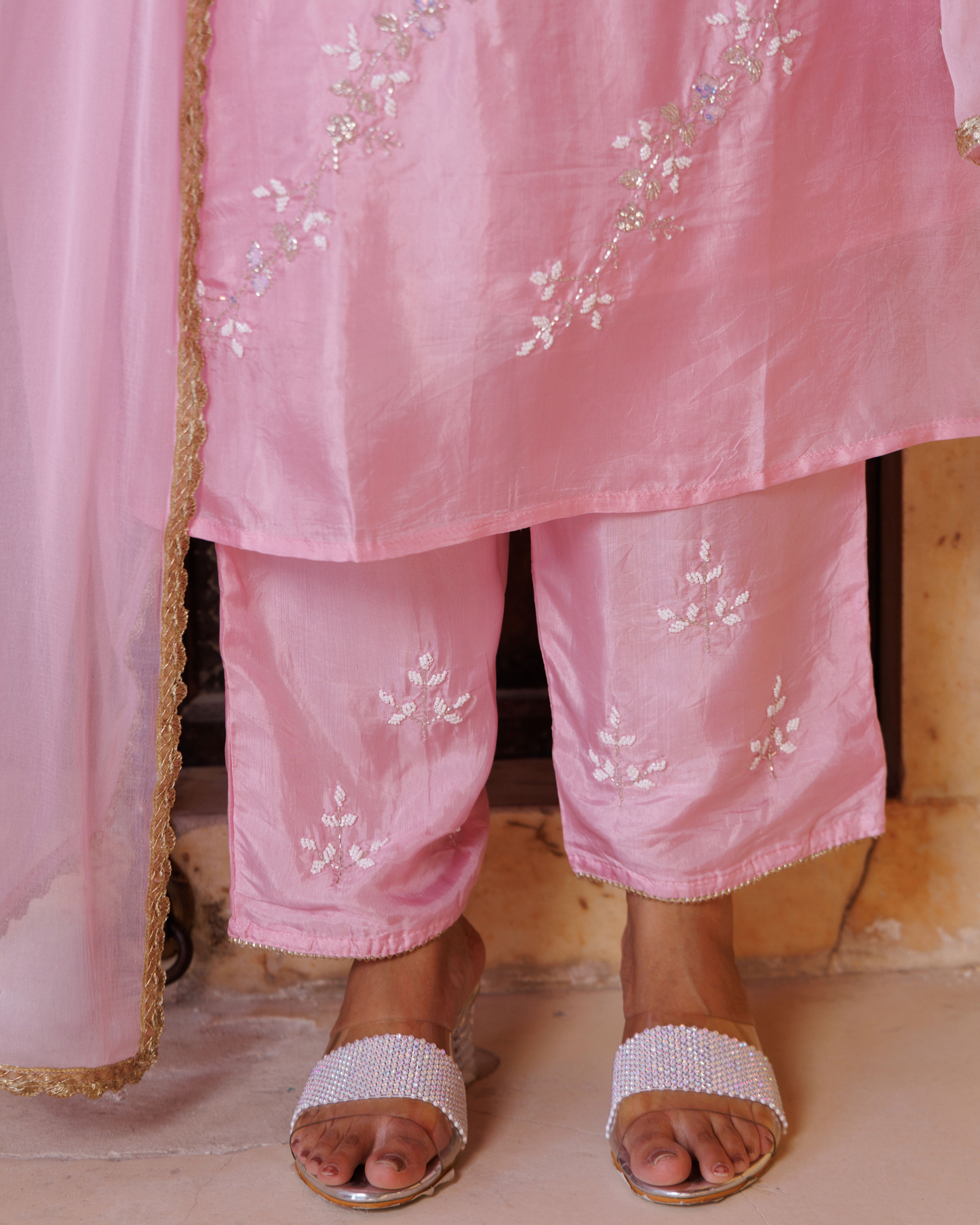 Pink silk, hand-embroidered Kurta Set