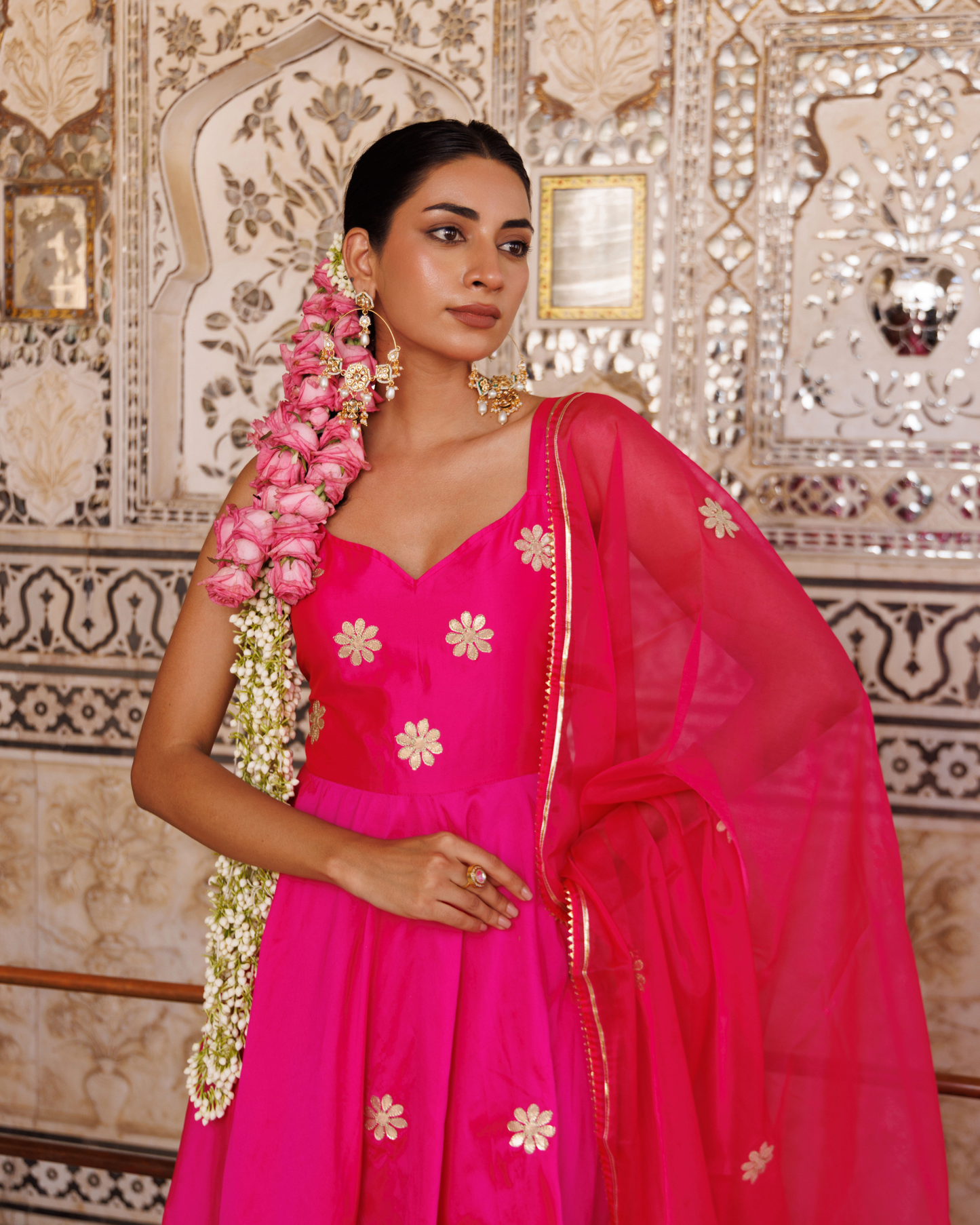 Hot pink taffeta silk, gota patti work anarkali set