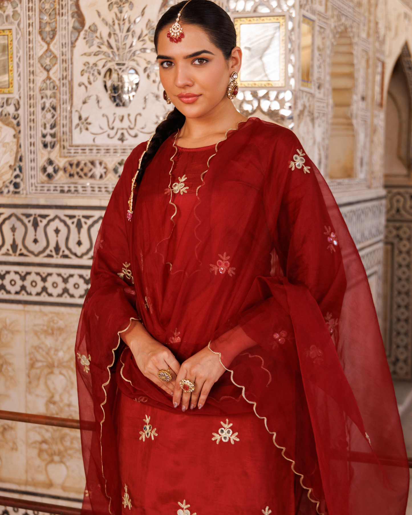 Maroon silk, gota patti work dhoti Set