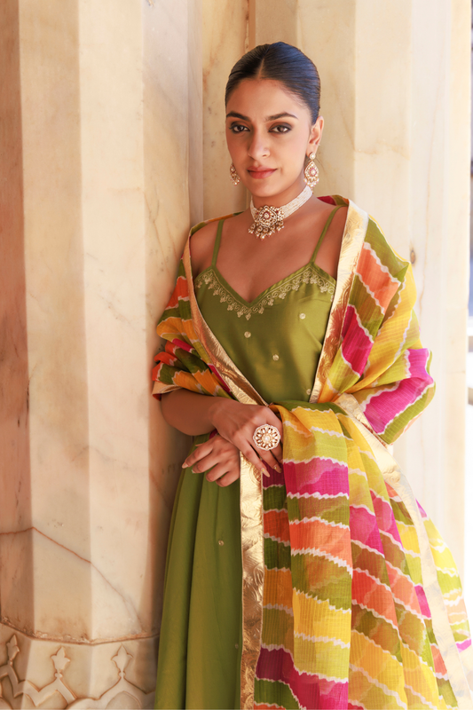 Green Aari Embroidered Dupion Silk Strapy Anarkali Set