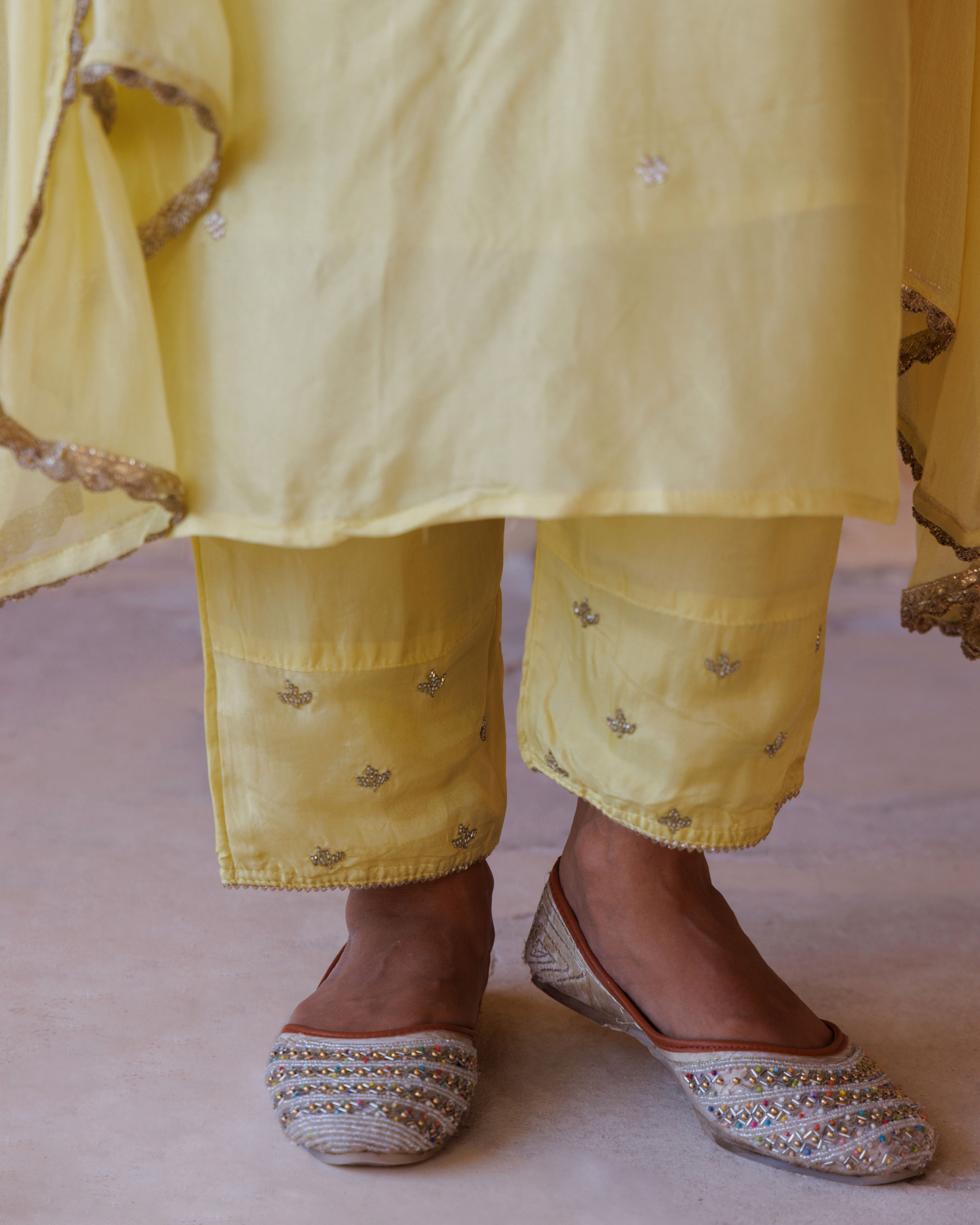Pastel yellow silk, hand-embroidered Kurta Set