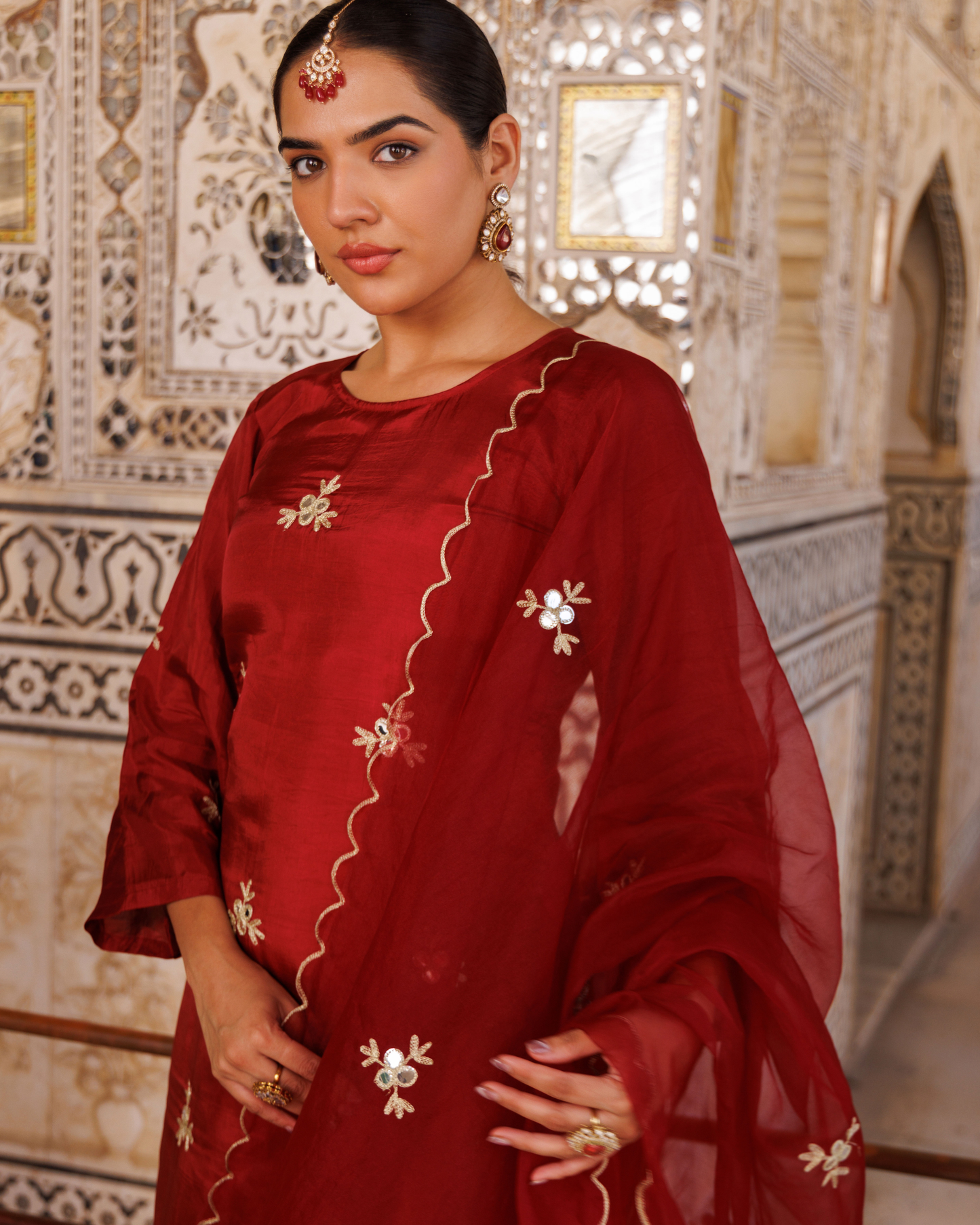 Maroon silk, gota patti work dhoti Set