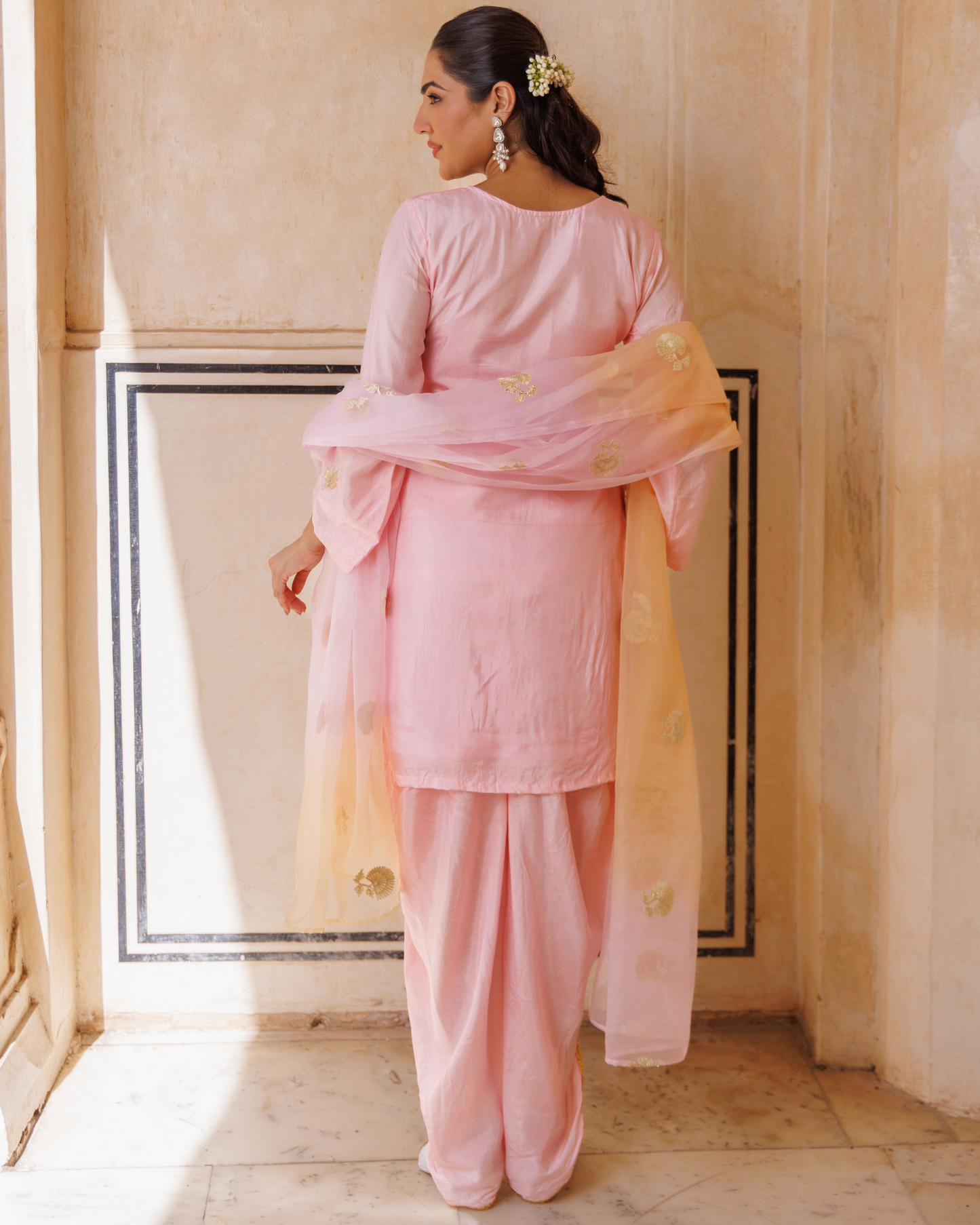 Light pink silk, gota patti work dhoti Set