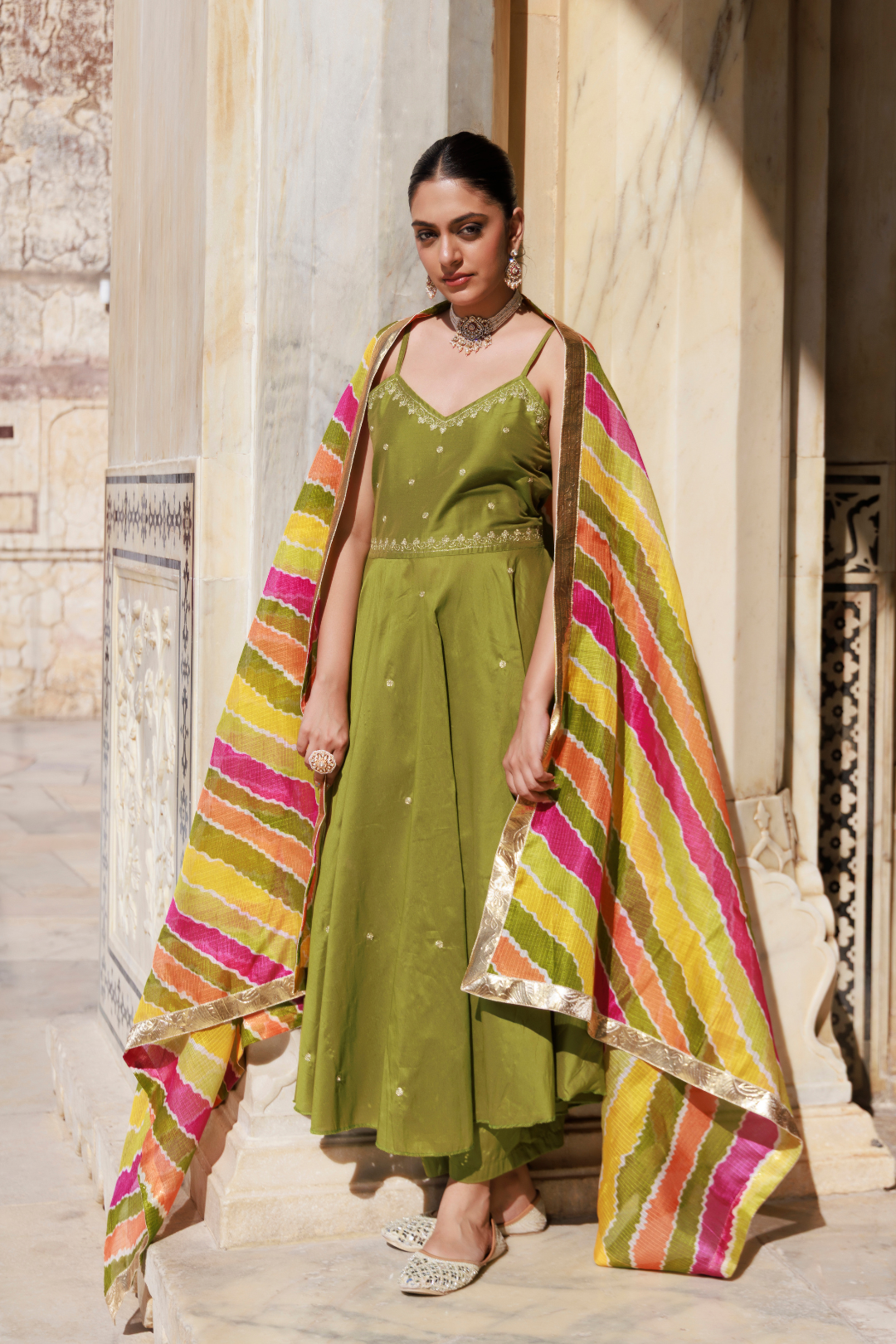 Green Aari Embroidered Dupion Silk Strapy Anarkali Set