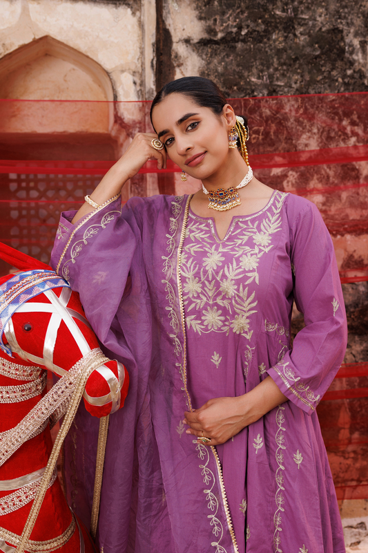 Lavender Cotton Aari -Taari Embroidered Anarkali Set