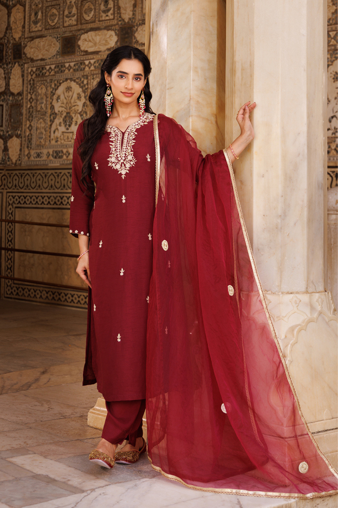 Wine Hand Embroidered Uppada Silk Kurta Set