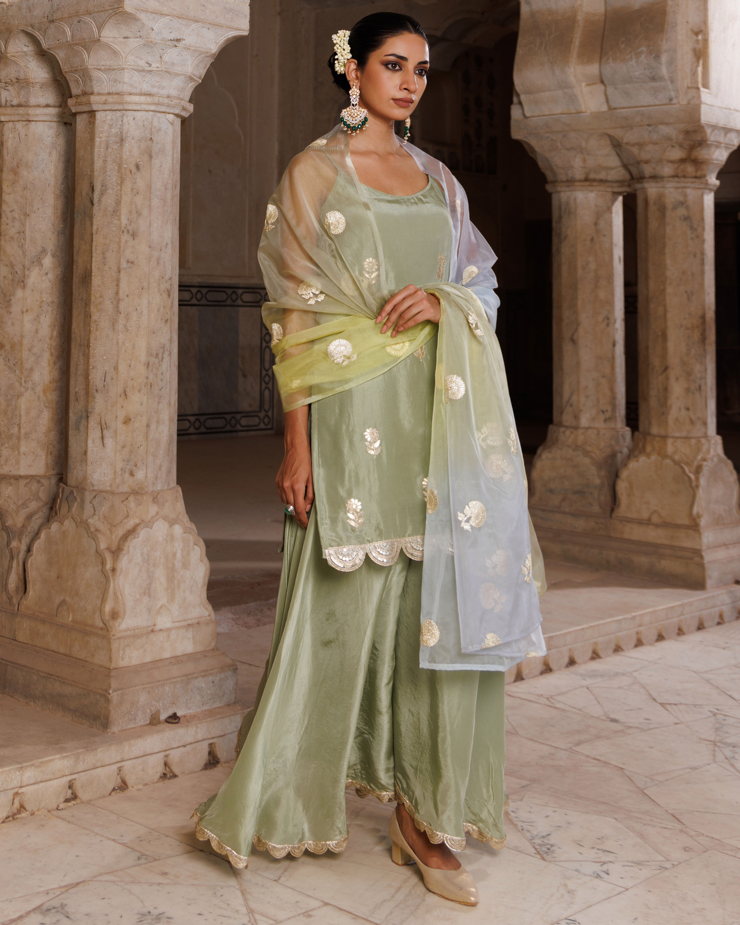 Pastel green silk, embroidered sharara set with seekhiya gota dupatta